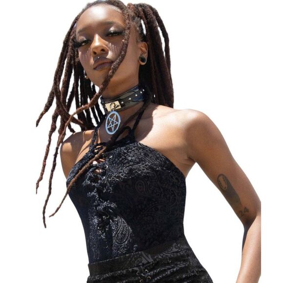 Black Lace Up One Piece Halter Top Killstar NEW - Picture 4 of 4